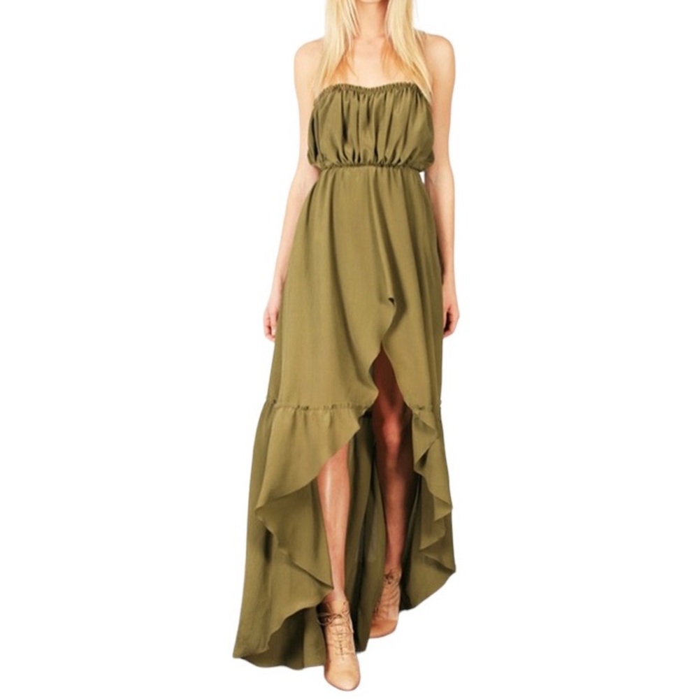 THREAD SOCIAL Green Strapless Chiffon Maxi Dress